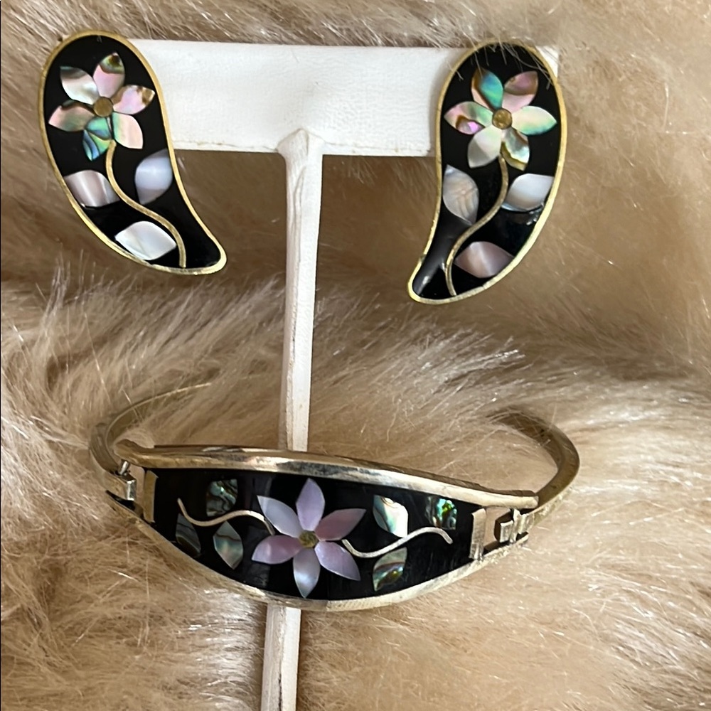 Mexican Alpaca Floral Inlay Jewelry Set